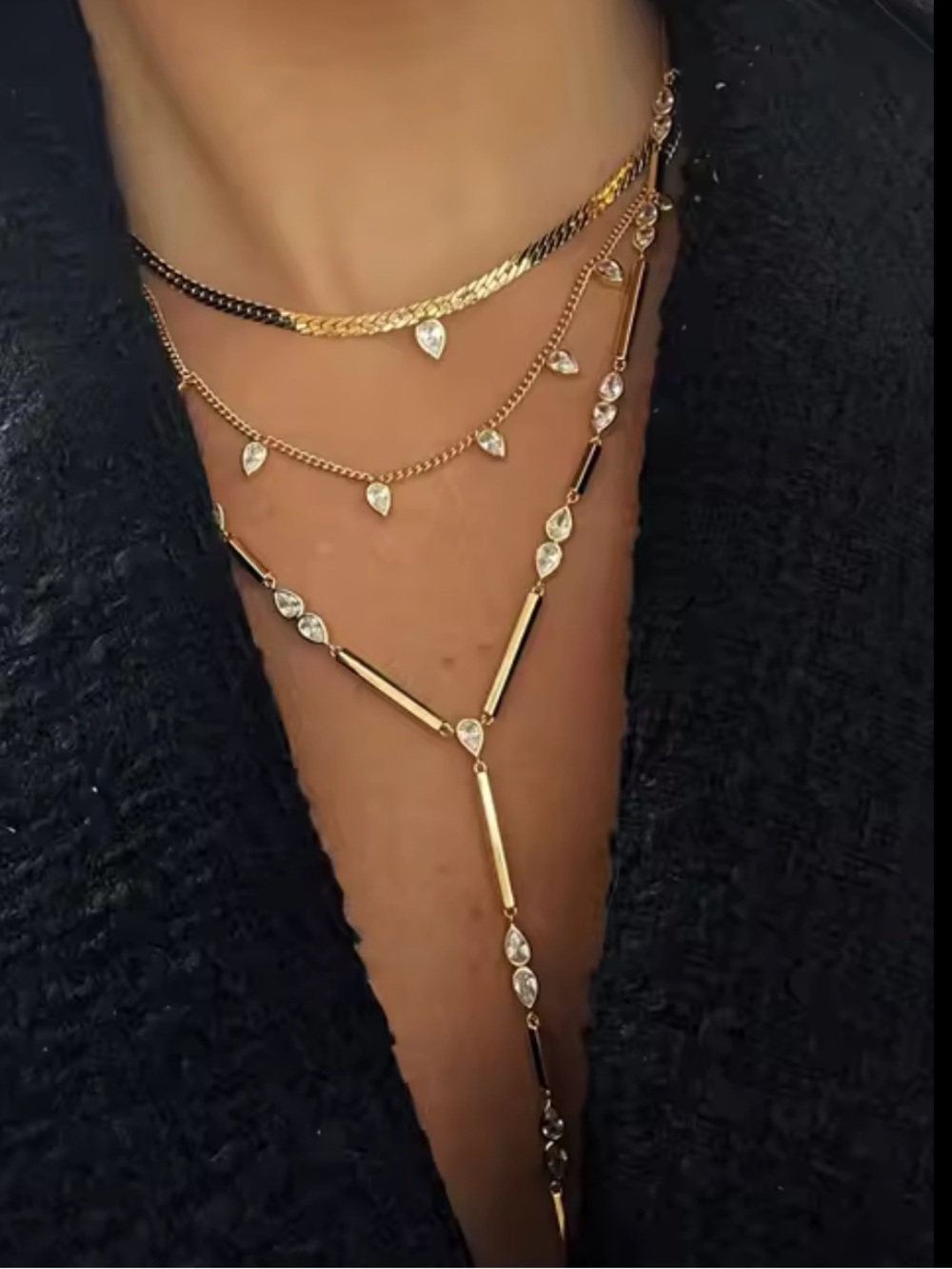 Delicate Gold Layered Heart & Y-Drop Necklace Set - Women Jewelry